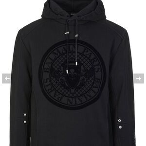 Balmain Black Coin Logo Hooded Long-Sleeve Hooded Sweatshirt